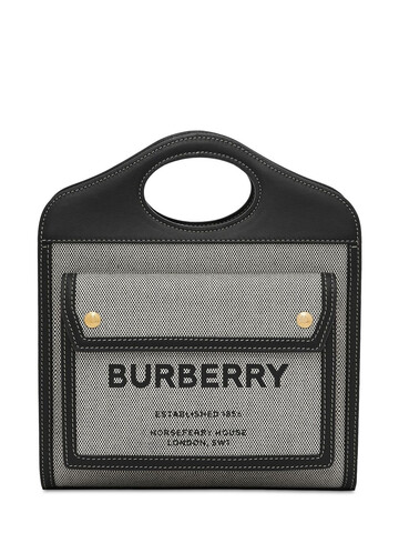 BURBERRY Mini Pocket Logo Canvas & Leather Tote in black / tan