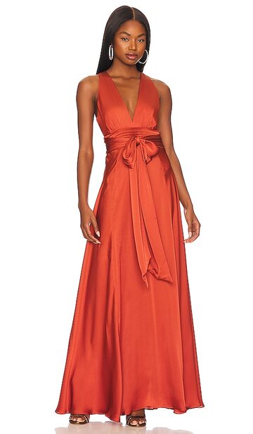 BCBGMAXAZRIA Silky Satin Evening Dress in Burnt Orange in red