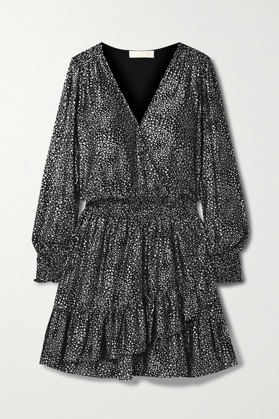 MICHAEL MICHAEL KORS - Wrap-effect Ruffled Metallic Printed Georgette Mini  Dress - Black - Wheretoget