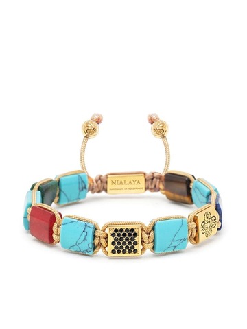 nialaya jewelry crystal-embellished engraved-charm beaded bracelet - gold