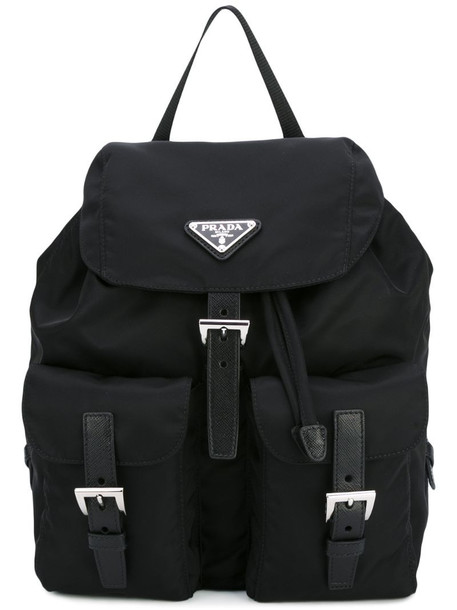 Prada logo plaque nylon backpack in black