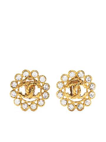 chanel pre-owned 1994 rhinestone-embellished cc clip-on earrings - gold