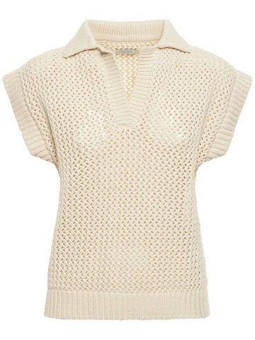 DEVEAUX Melody Cotton Blend Crochet Knit Vest in cream