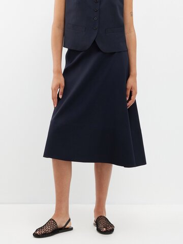 jil sander - asymmetric flared wool-twill midi skirt - womens - dark blue