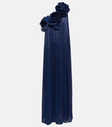 costarellos ruffled one-shoulder gown in blue