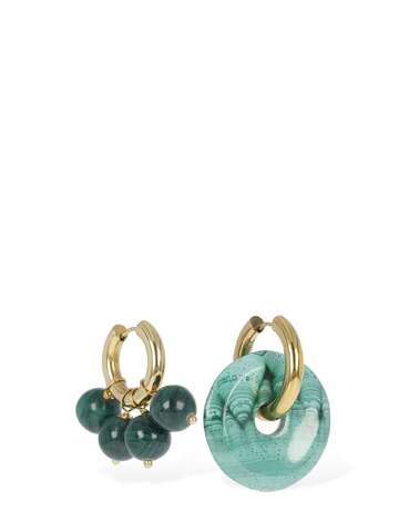 TIMELESS PEARLY Beads & Disc Mismatched Earrings in gold / green