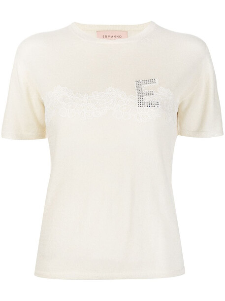 ERMANNO FIRENZE logo-beaded fine-knit T-shirt - White