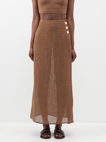 le kasha - haifa side-slit organic-linen skirt - womens - brown