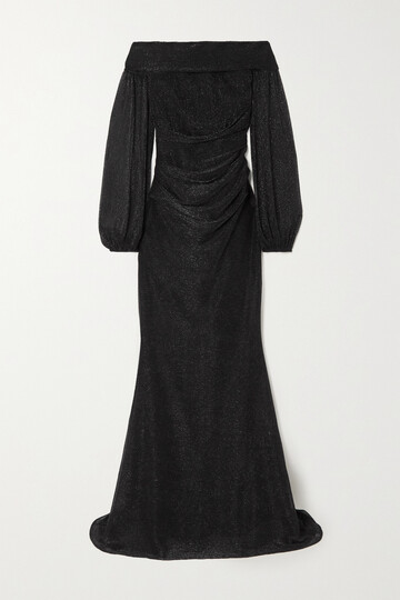 talbot runhof - off-the-shoulder draped metallic voile gown - black