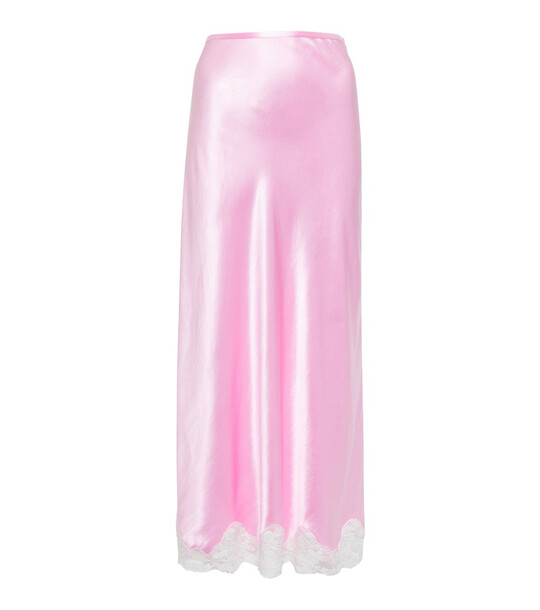 Rixo Crystal lace-trim satin midi skirt in pink