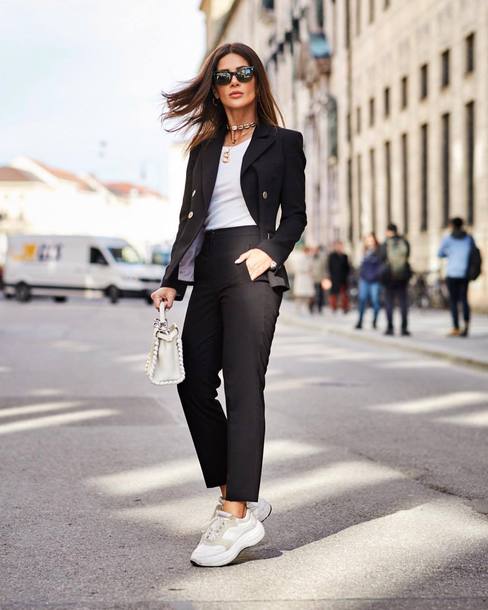 jacket, black blazer, double breasted, high waisted pants, sneakers ...