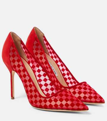 manolo blahnik bbla 105 checked leather-trimmed pumps in red