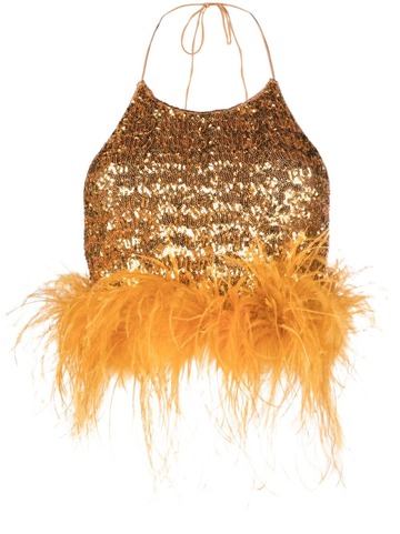 oséree paillettes plumage feather-trim sequin-embellished top - gold