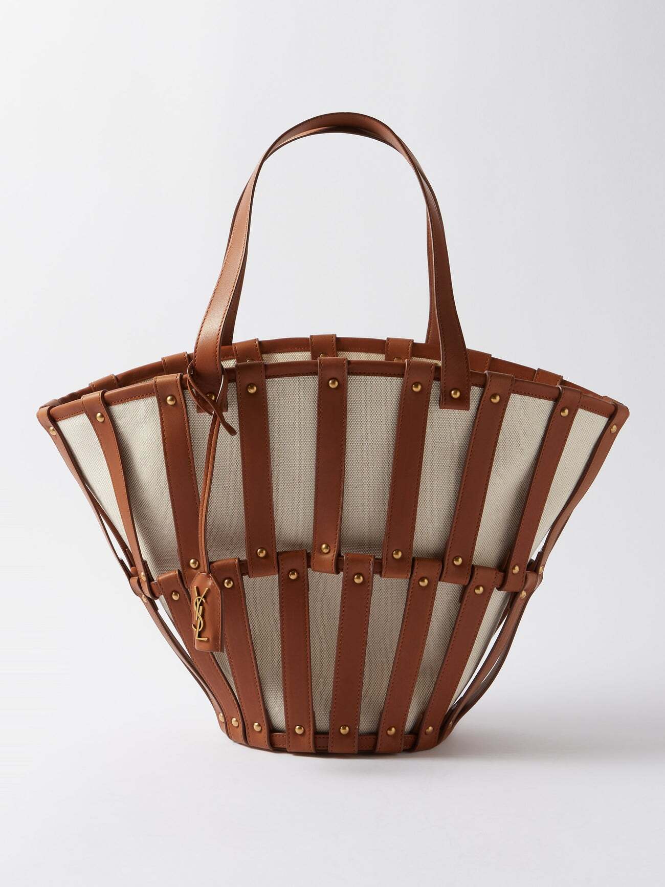 Saint Laurent - Beatrix Caged-leather Canvas Basket Bag - Womens - Tan White