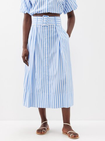 staud - kingsley belted striped cotton midi skirt - womens - blue white