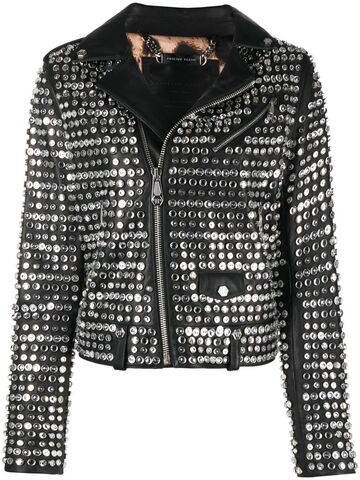 philipp plein crystal-embellished leather jacket - black