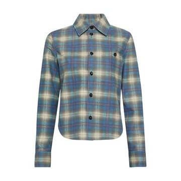 bottega veneta flannel-printed leather shirt in blue / multi