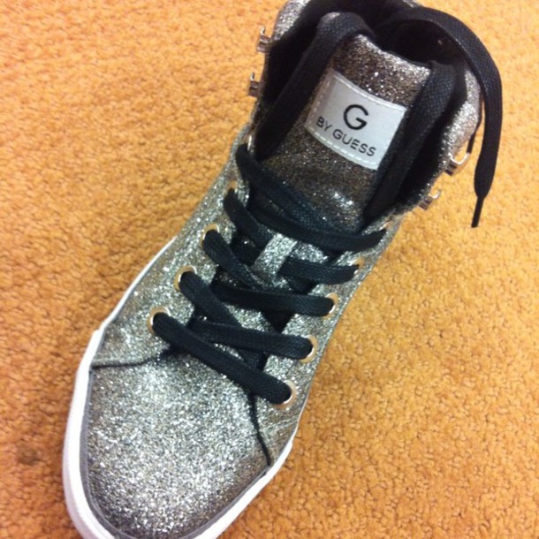 shoes shiny sparkle grey guess high stops black