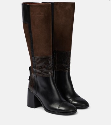 see by chloe see by chloé patchwork leather and suede knee-high boots in black