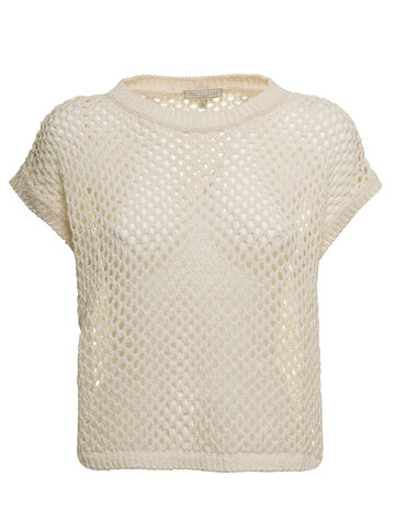 Antonelli Openwork Ivory Colored Knitted Woman T-shirt in white