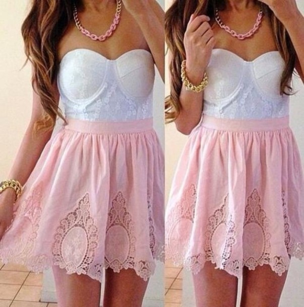 dress pink white pink skirt coral cut-out skirt