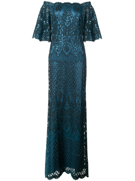 Tadashi Shoji Aimee off-shoulder sequin embroidered gown in green