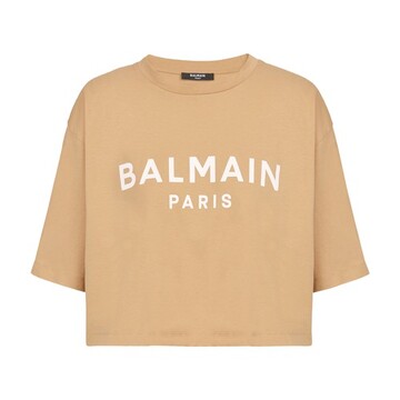Cropped cotton Balmain logo T-shirt in camel / rose
