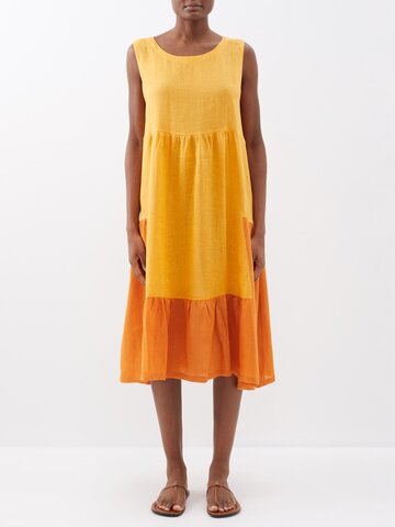 eskandar - panelled linen midi dress - womens - orange multi
