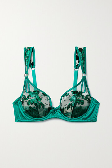 fleur du mal - metallic embroidered tulle and silk-blend satin underwired soft-cup bra - green