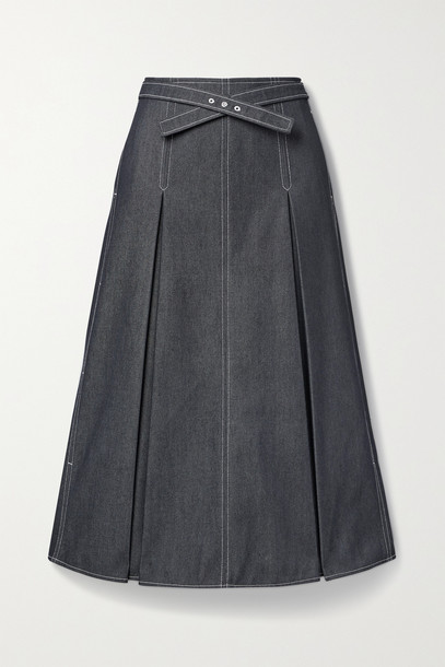 JASON WU - Belted Pleated Denim Midi Skirt - Blue