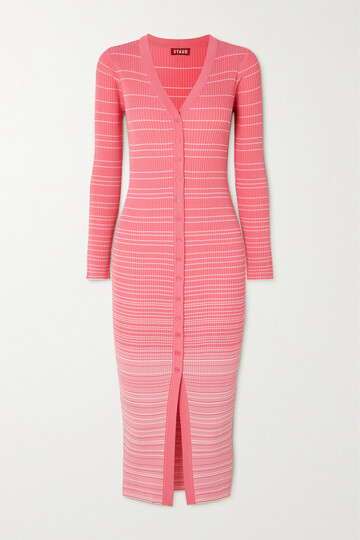 staud - shoko striped ribbed-knit midi dress - pink