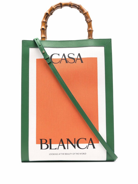 Casablanca logo-print bamboo-handle tote bag - GREEN/ORANGE