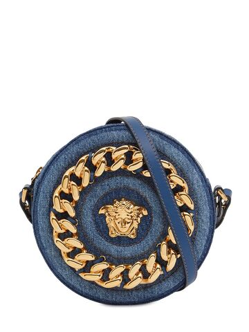 VERSACE Medusa Denim & Leather Round Bag in navy