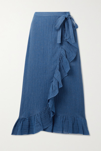 LISA MARIE FERNANDEZ - + Net Sustain Ruffled Organic Linen-blend Gauze Wrap Midi Skirt - Blue