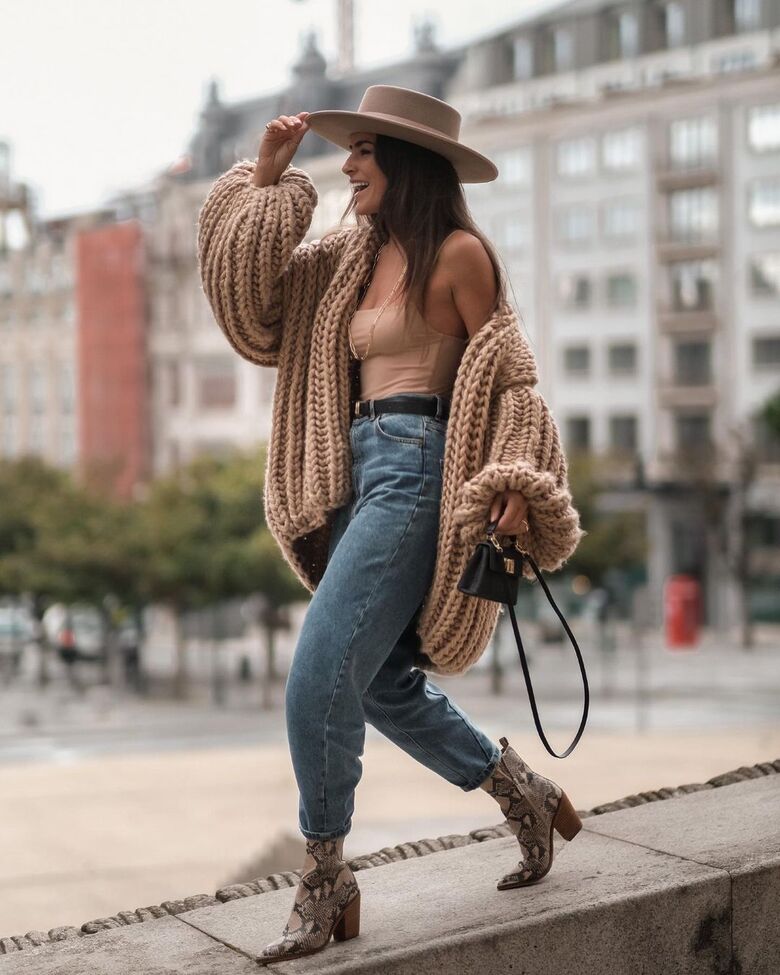 jeans mom jeans ankle boots snake print oversized cardigan bodysuit hat