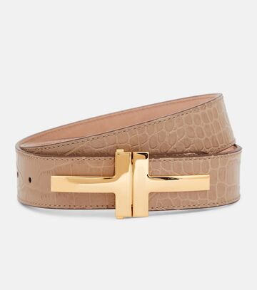 Tom Ford Double T croc-effect leather belt in beige
