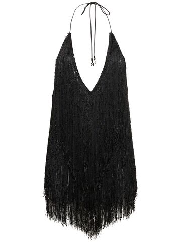 rotate sequined fringed halter neck dress in black