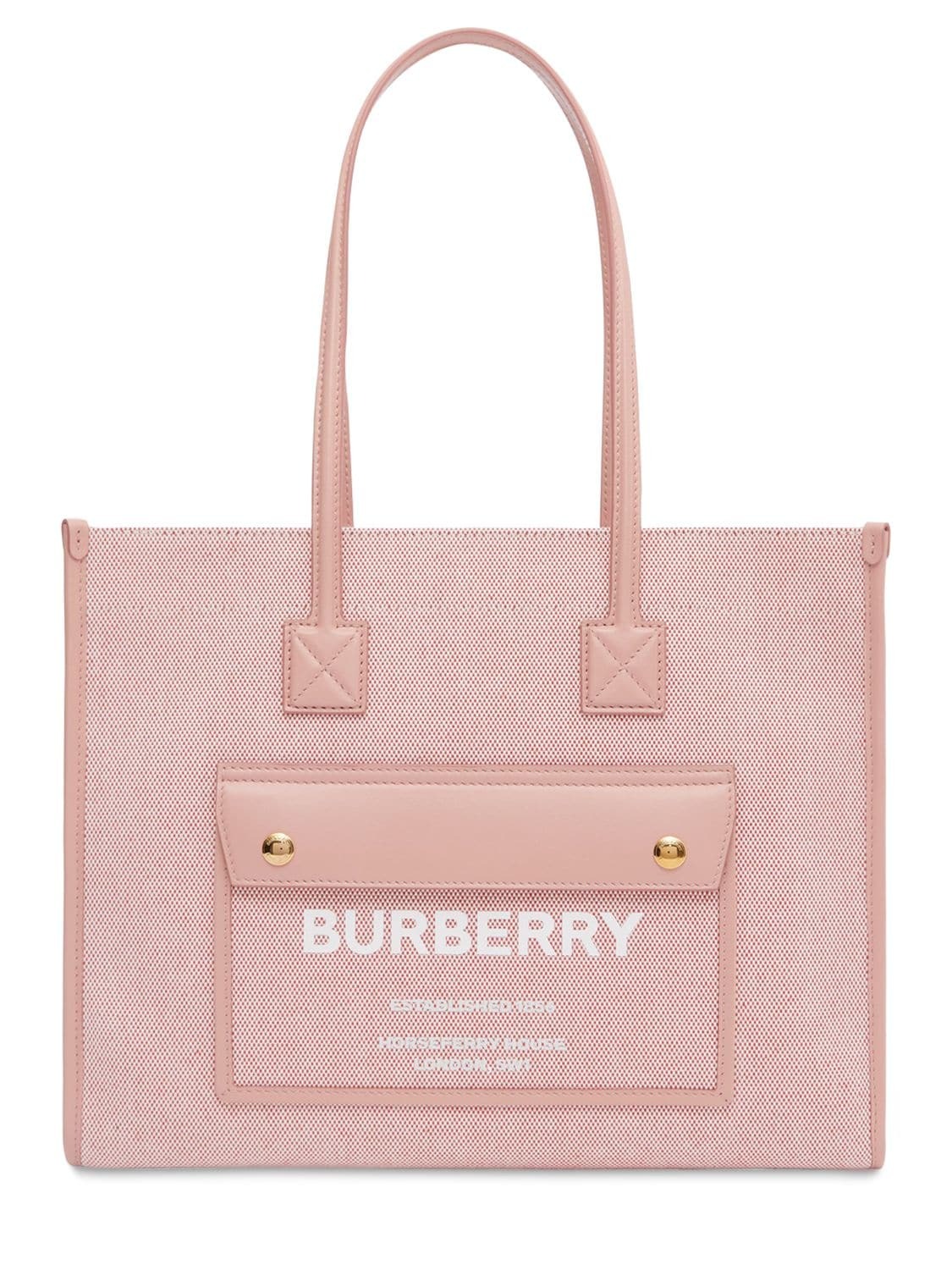 BURBERRY Small Freya Leather & Canvas Tote Bag in pink / red