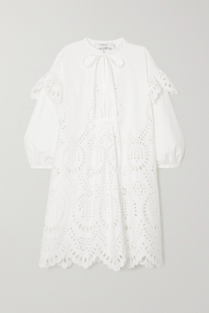 Valentino - Tie-neck Ruffled Broderie Anglaise Cotton Mini Dress - White