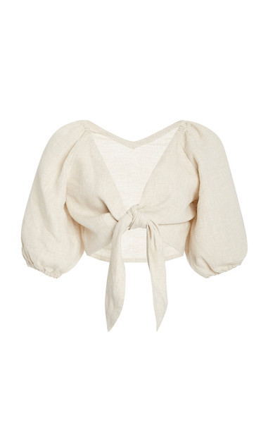 Posse Mia Knot-Detailed Linen Cropped Top in neutral