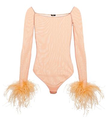 Oséree Exclusive to Mytheresa â Feather-trimmed mesh bodysuit in orange