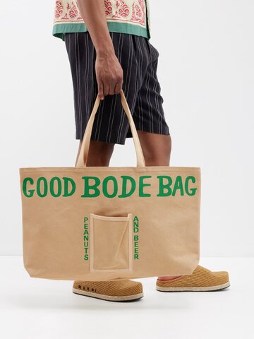 bode - beer small printed canvas tote bag - mens - cream green