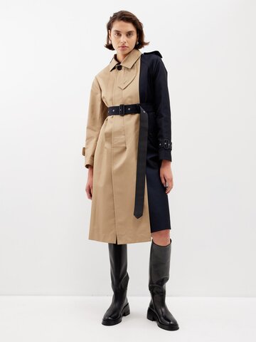 sacai - colour-block cotton-blend gabardine trench coat - womens - beige navy