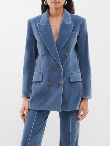 frame - double-breasted velvet suit jacket - womens - light blue