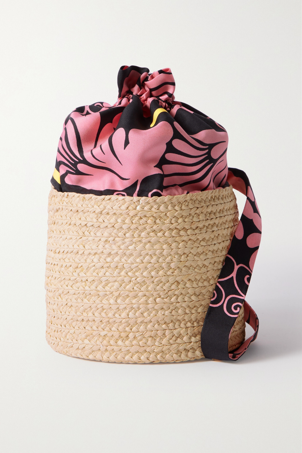 La DoubleJ - 24/7 Raffia And Floral-print Silk-twill Shoulder Bag - Pink