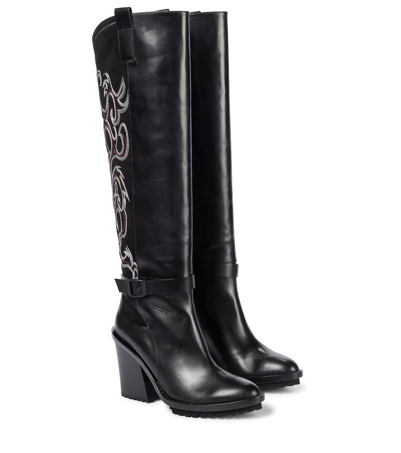 sacai Embroidered knee-high leather boots in black