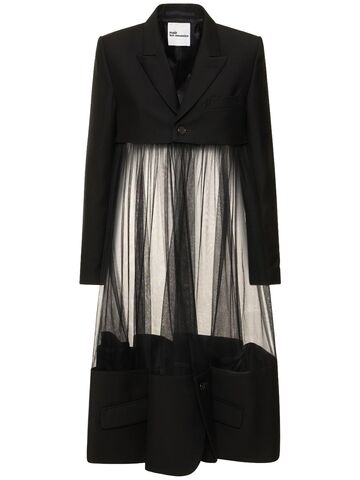 noir kei ninomiya wool twill & sheer tulle overcoat in black
