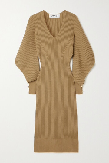 lanvin - cutout embellished ribbed wool and cashmere-blend midi dress - neutrals
