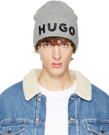 hugo gray embroidered beanie in grey