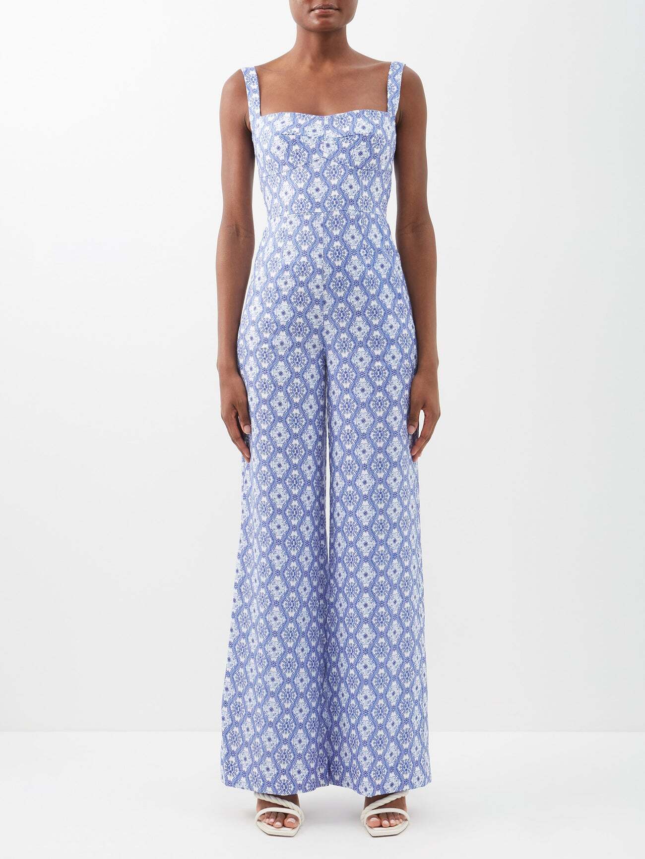 Saloni - Rachel Printed Linen Jumpsuit - Womens - Blue White